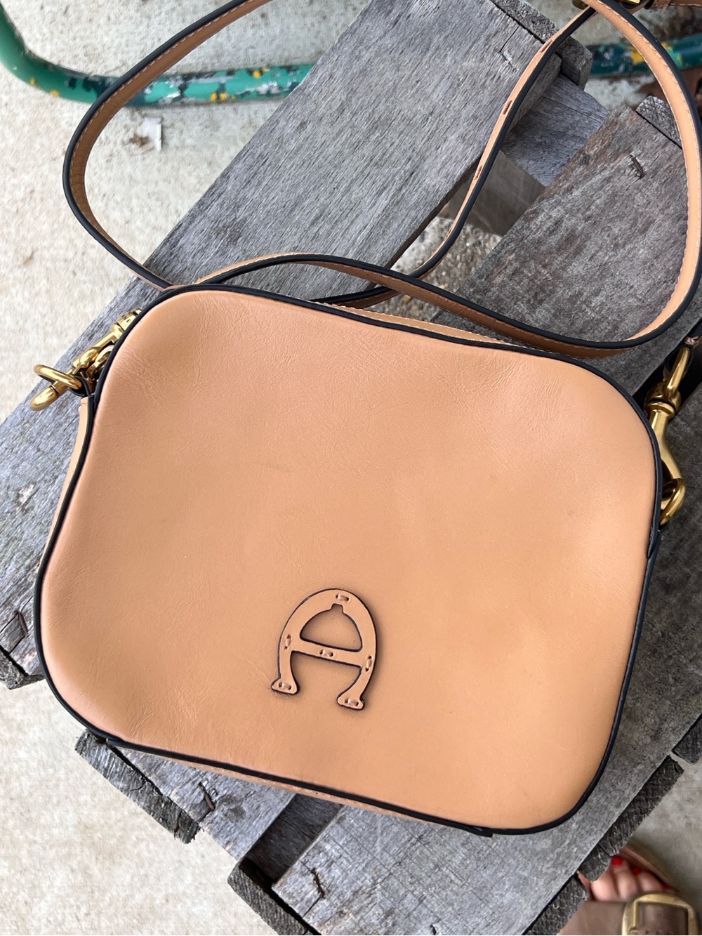 Etienne Aigner Marianne Peach-Tan Leather Crossbody with Horseshoe Emblem